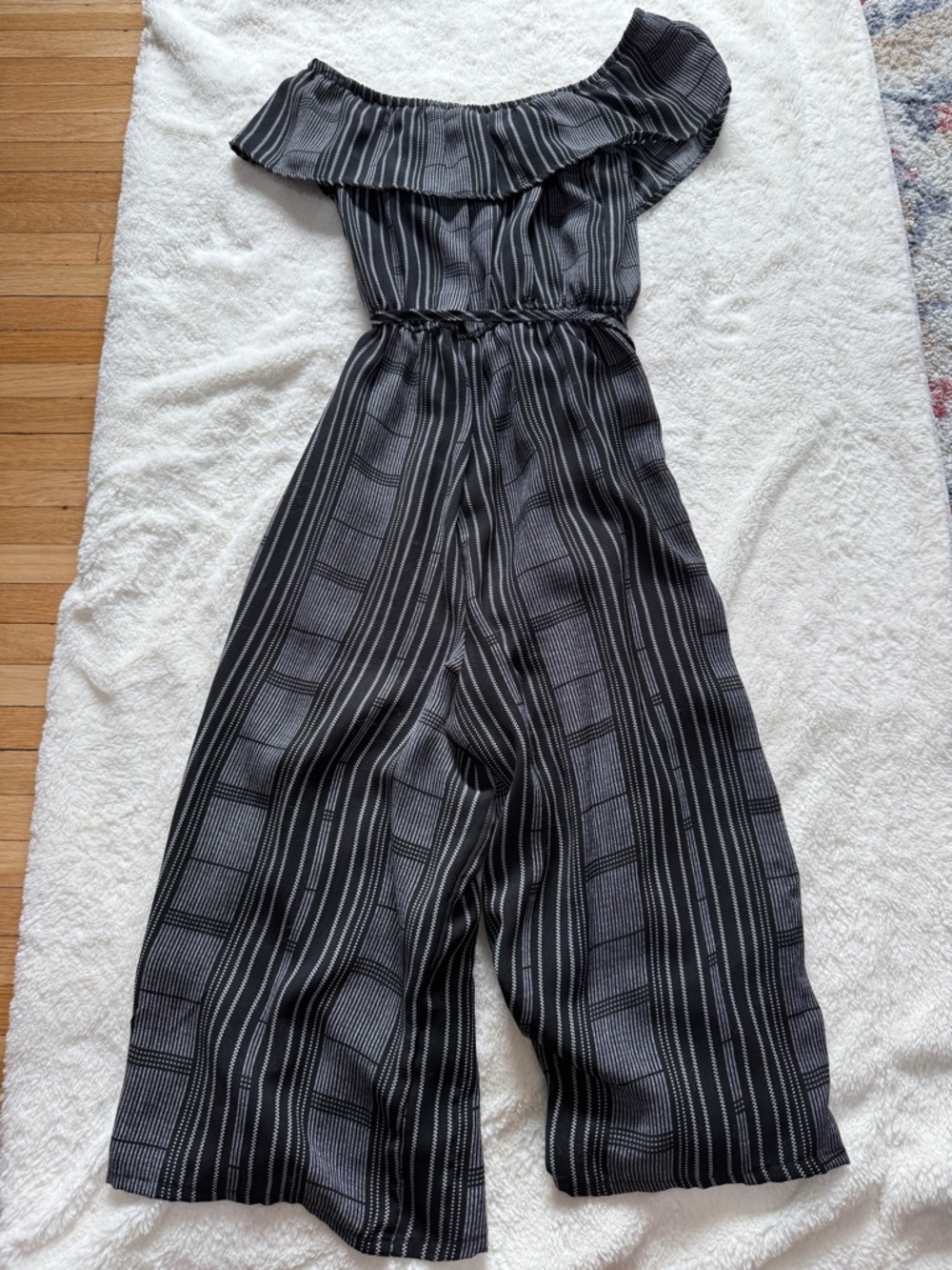 As U Wish Black & Gray Striped Off-Shoulder Wide-Leg Jumpsuit